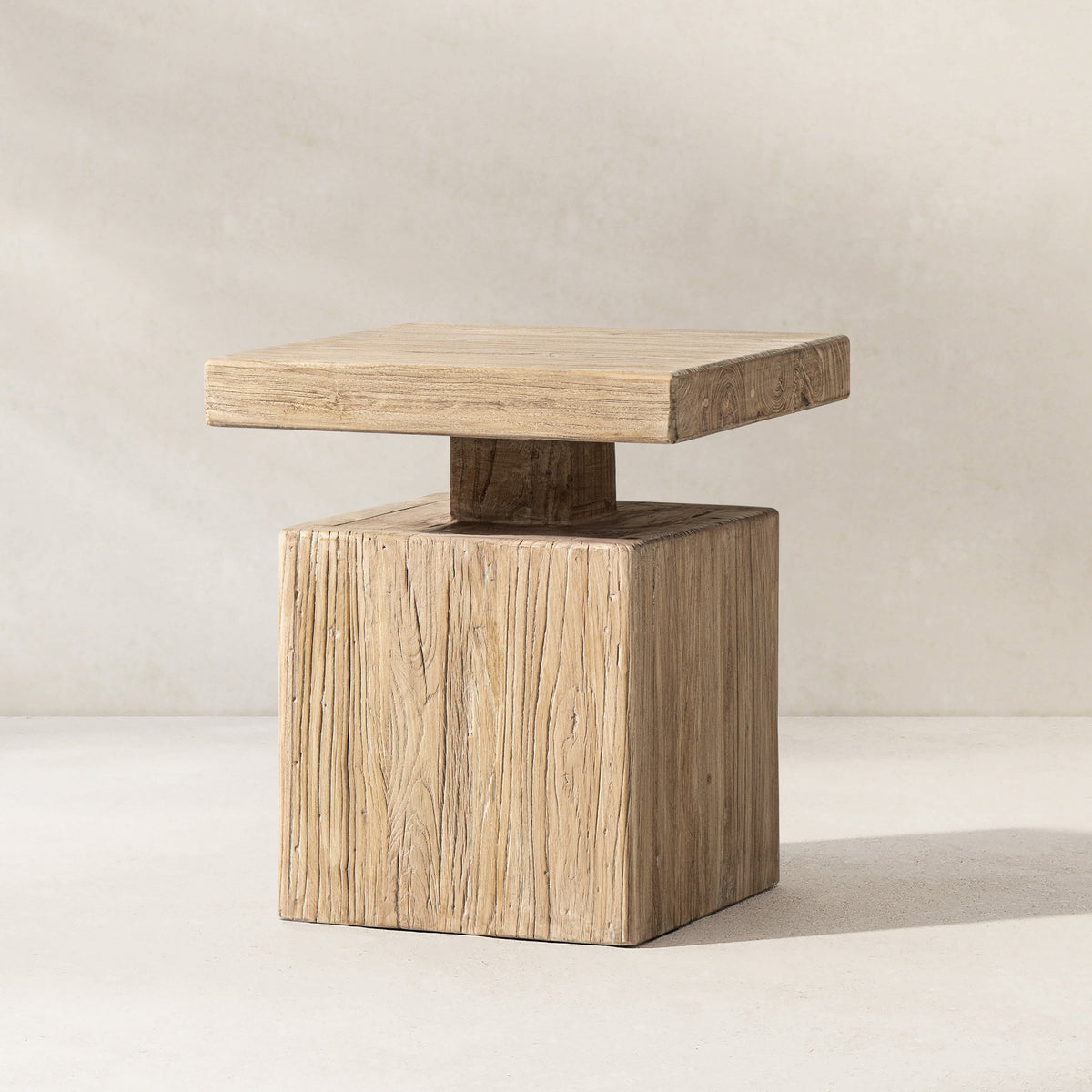 Solid Block Plinth End Table with Reclaimed Elm - Heritage Light Natural Brown