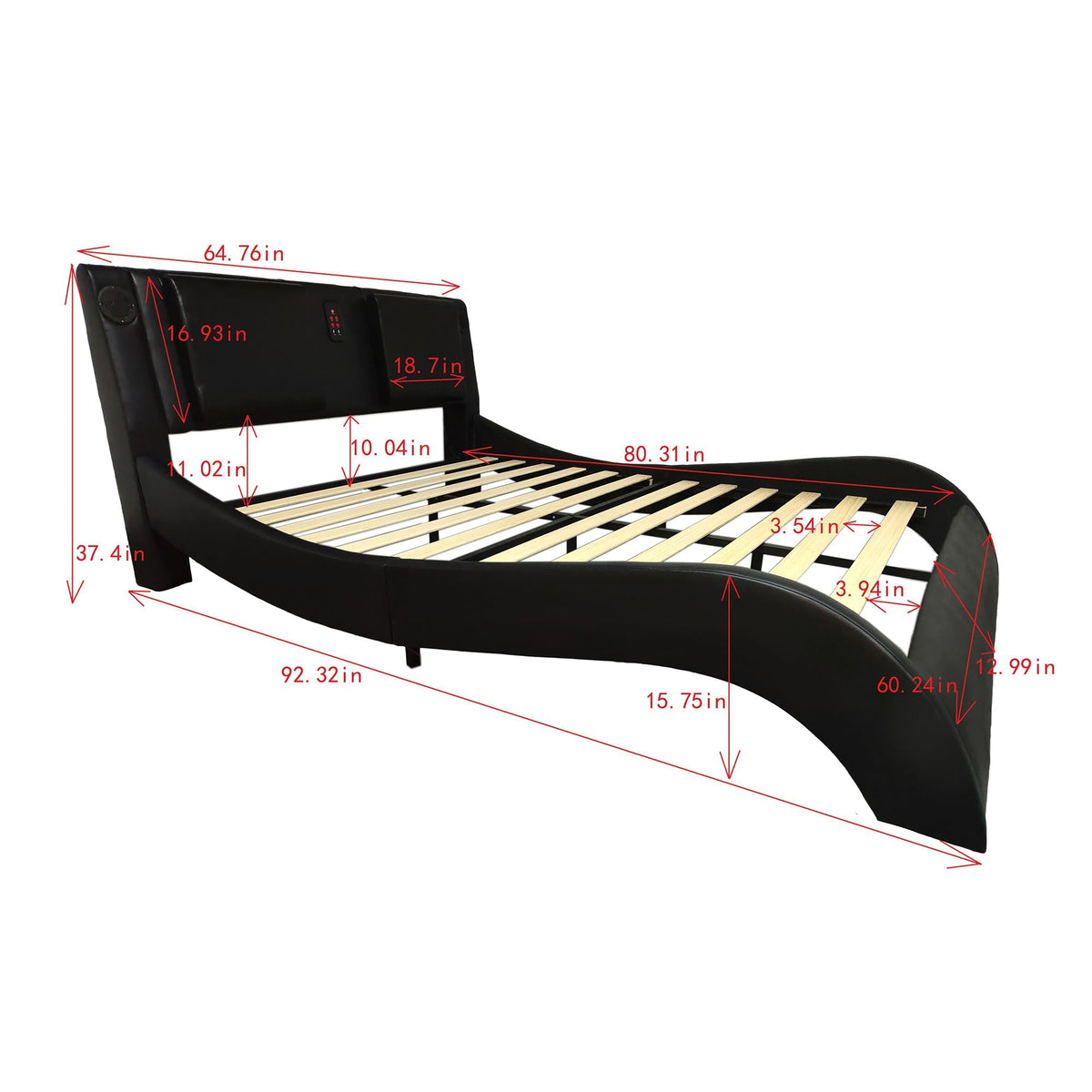 Platform Bed Frame with LED Lighting, Bluetooth & Massage - Faux Leather