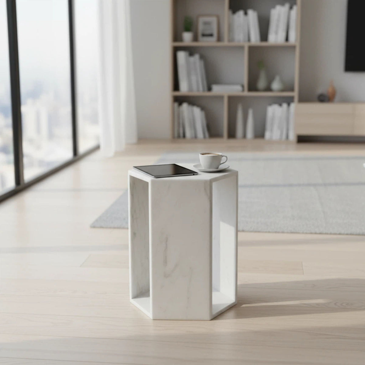 Modern Minimalist Hexagon Side Table with Honed Marble Finish - Gold, White, Pink, Dark Green, Dark Gray