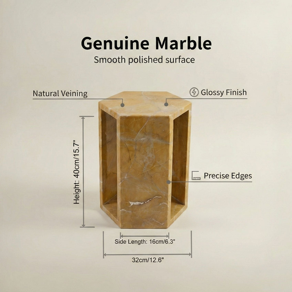 Modern Minimalist Hexagon Side Table with Honed Marble Finish - Gold, White, Pink, Dark Green, Dark Gray