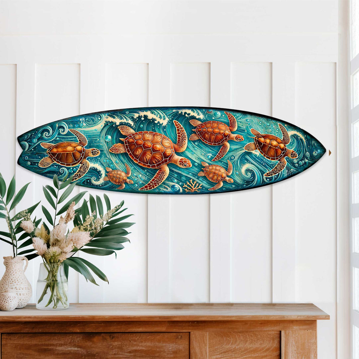 Sea Turtle Surfboard Coastal Wall Art – Handcrafted Ocean Wave Wooden Decor by G.DeBrekht – Marine Life Beach House Accent – 8490150HS