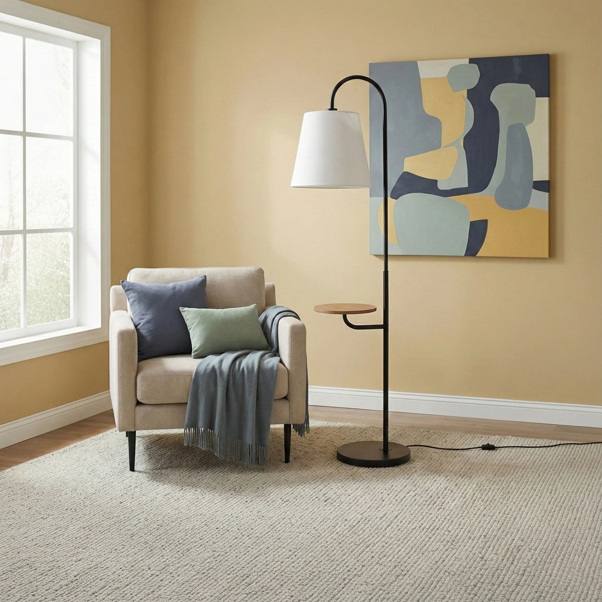 Seoul Floor Lamp With Rotary Switch Wood Table Base - Black / White