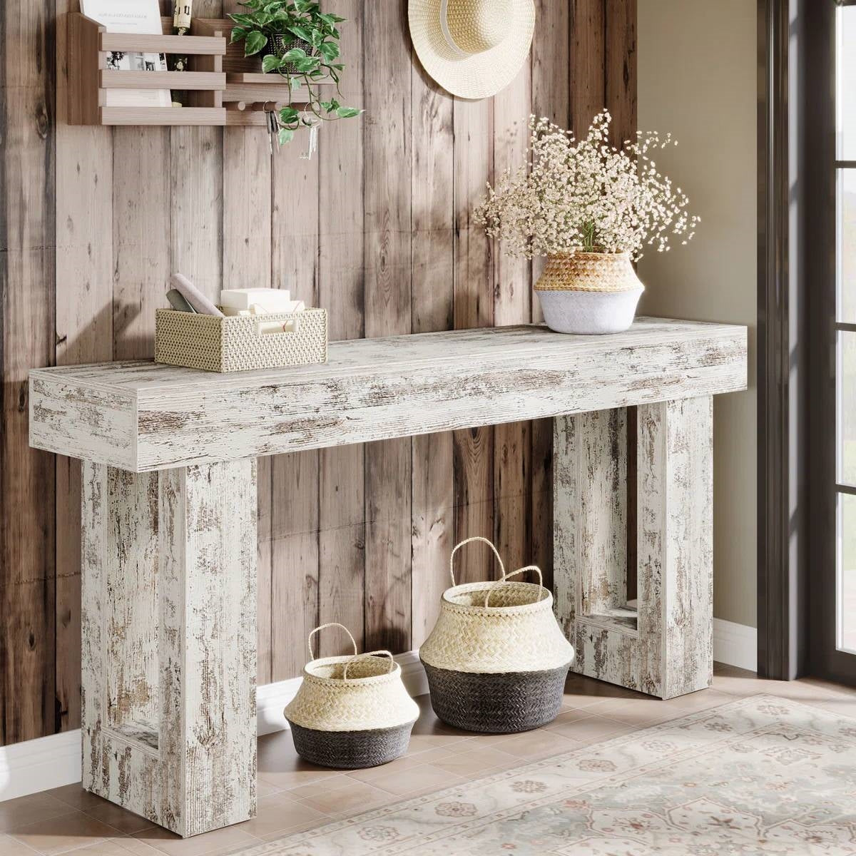 Modern Farmhouse 63-inch Console Sofa Table in Rustic White Wood Finish