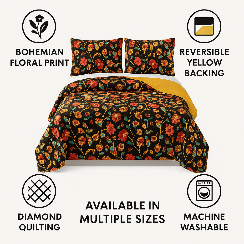 DaDa Bedding Marigold’s Floral Brown Yellow Botanical Garden Quilted Bedspread Set (HS-3330)