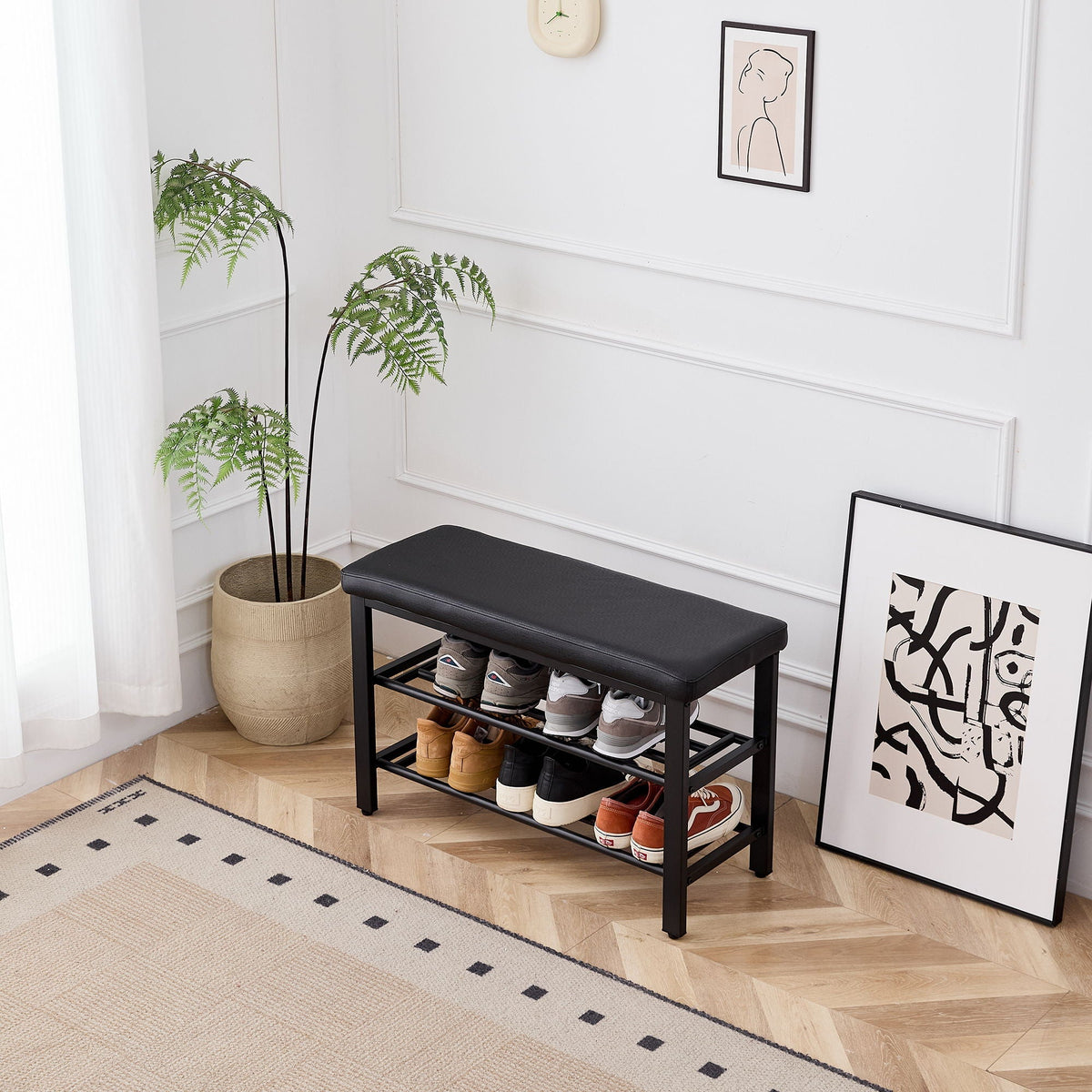 Shoe Bench With Cushion Storage Seat – Metal Frame and Faux Leather – Black or Dark Gray