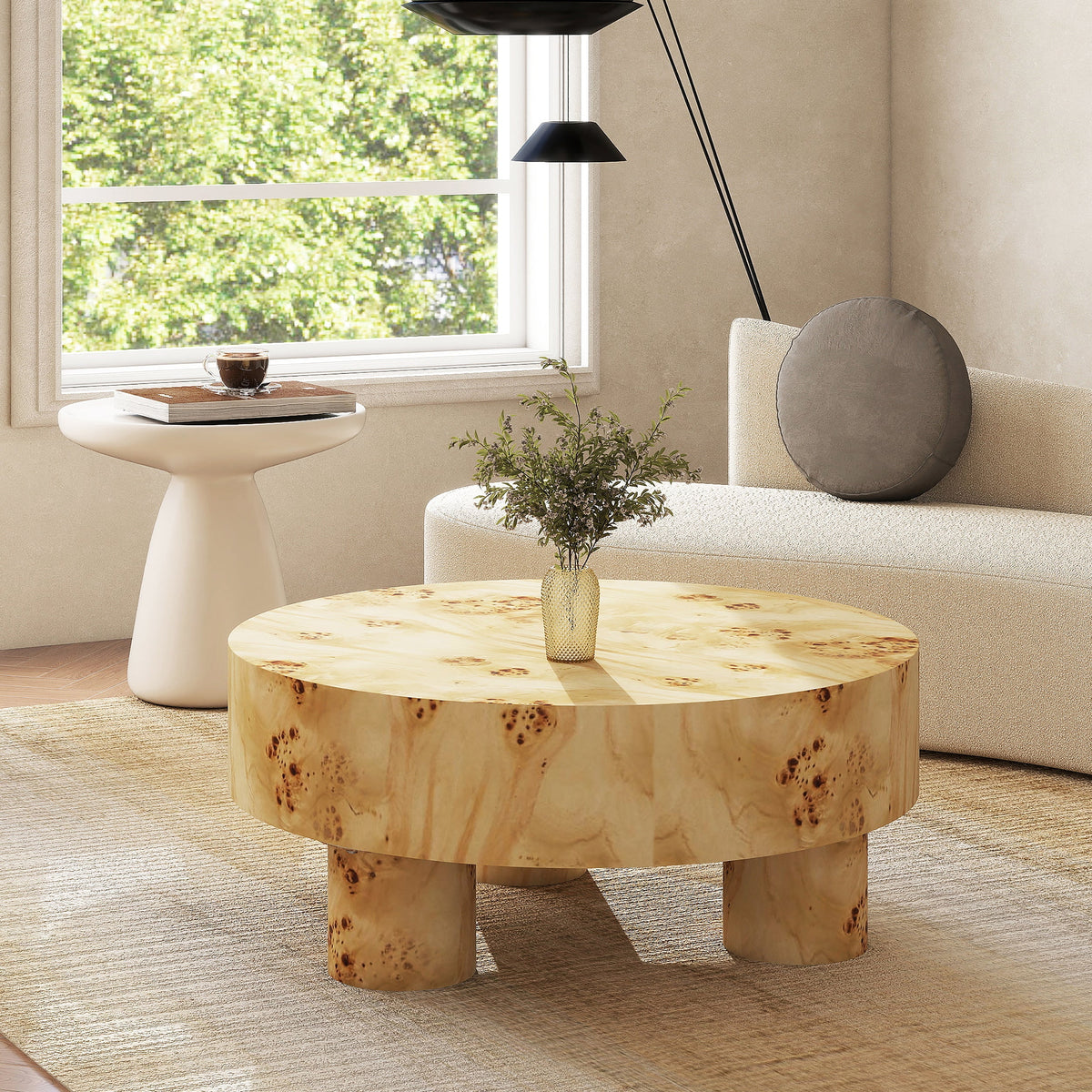 Nebula 35.5" Round Coffee Table with Pillar Legs - Warm Natural Brown Burl Wood