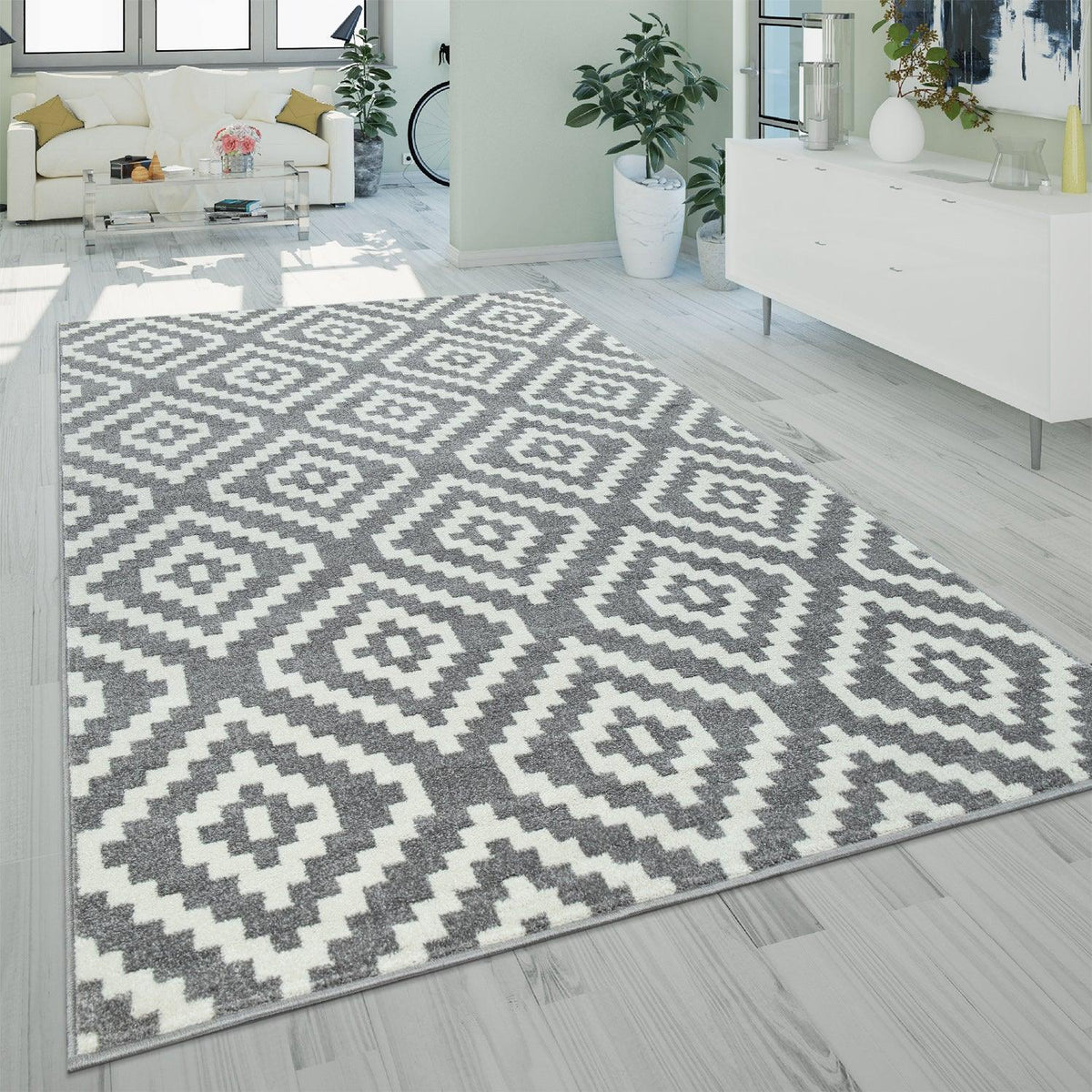 Area Rug Stella Moroccan Diamond Pattern - Pastel Grey White