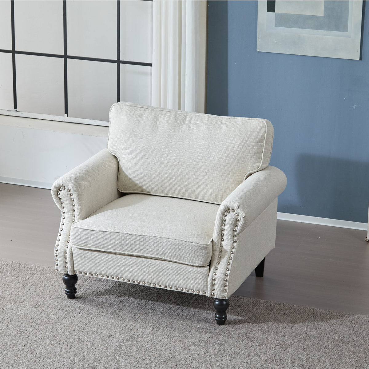 Beige Faux Leather Accent Chair with Rolled Arms and Nailhead Trim
