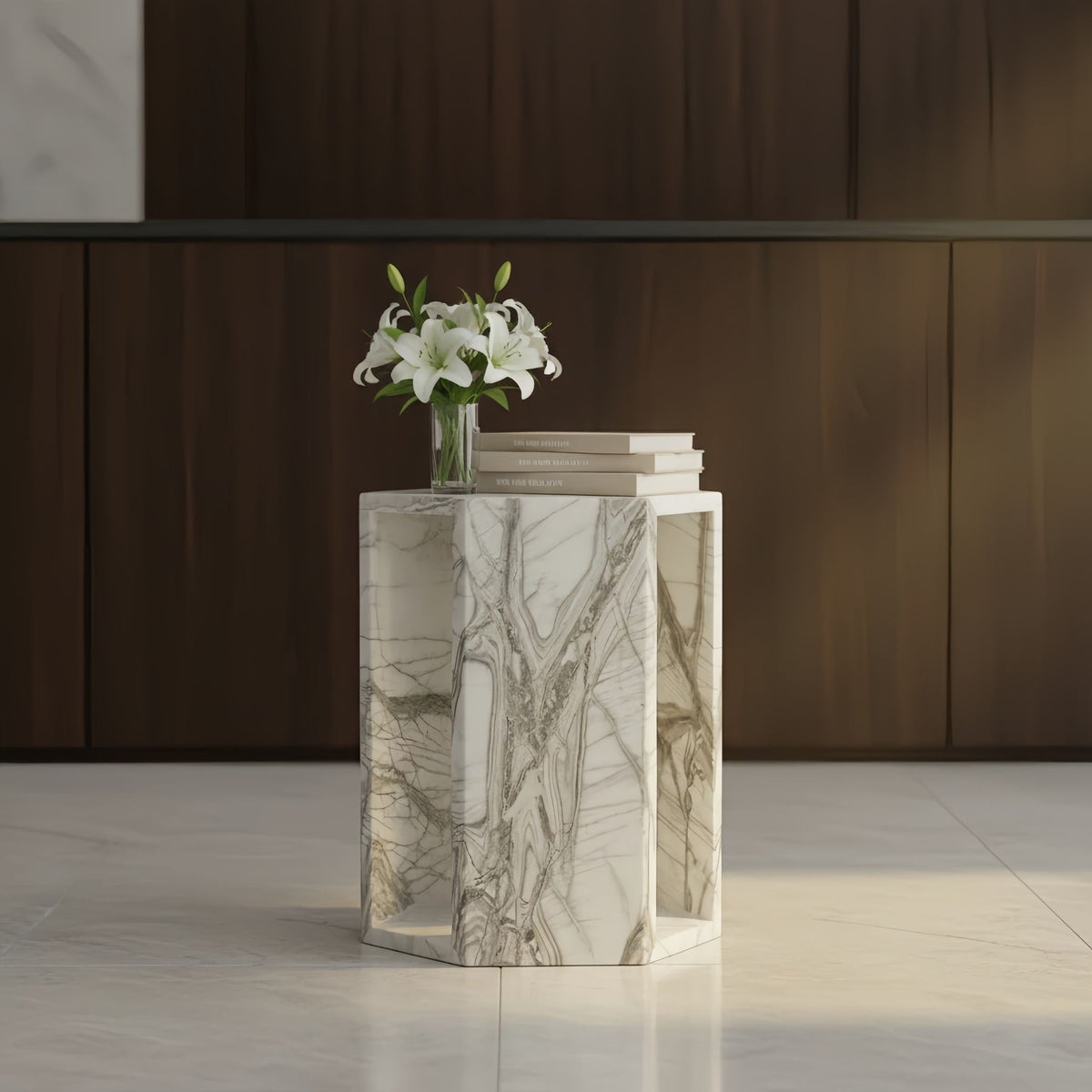 Modern Minimalist Hexagon Side Table with Honed Marble Finish - Gold, White, Pink, Dark Green, Dark Gray