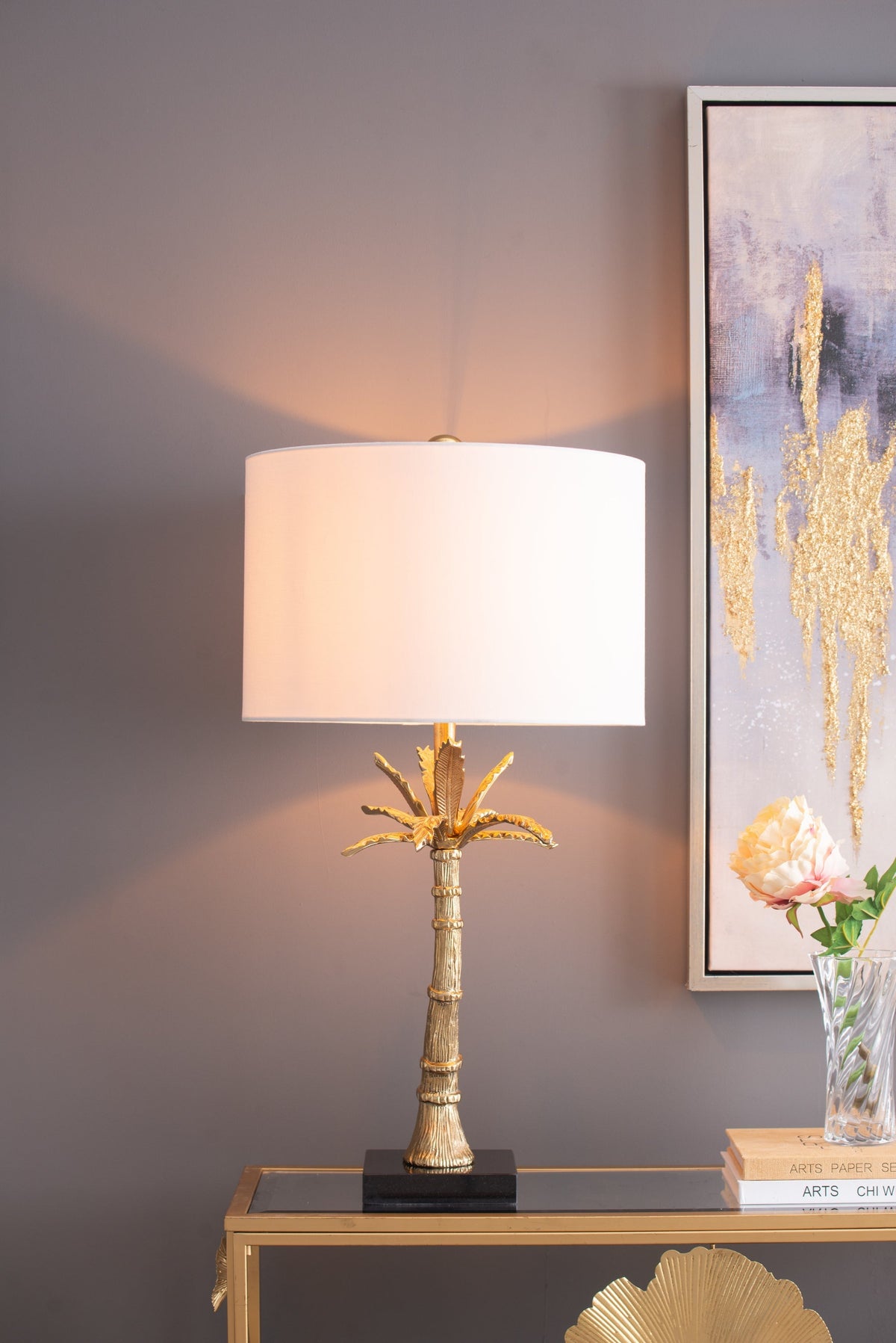 Gold Leaf Table Lamp with Marble Base - Gold