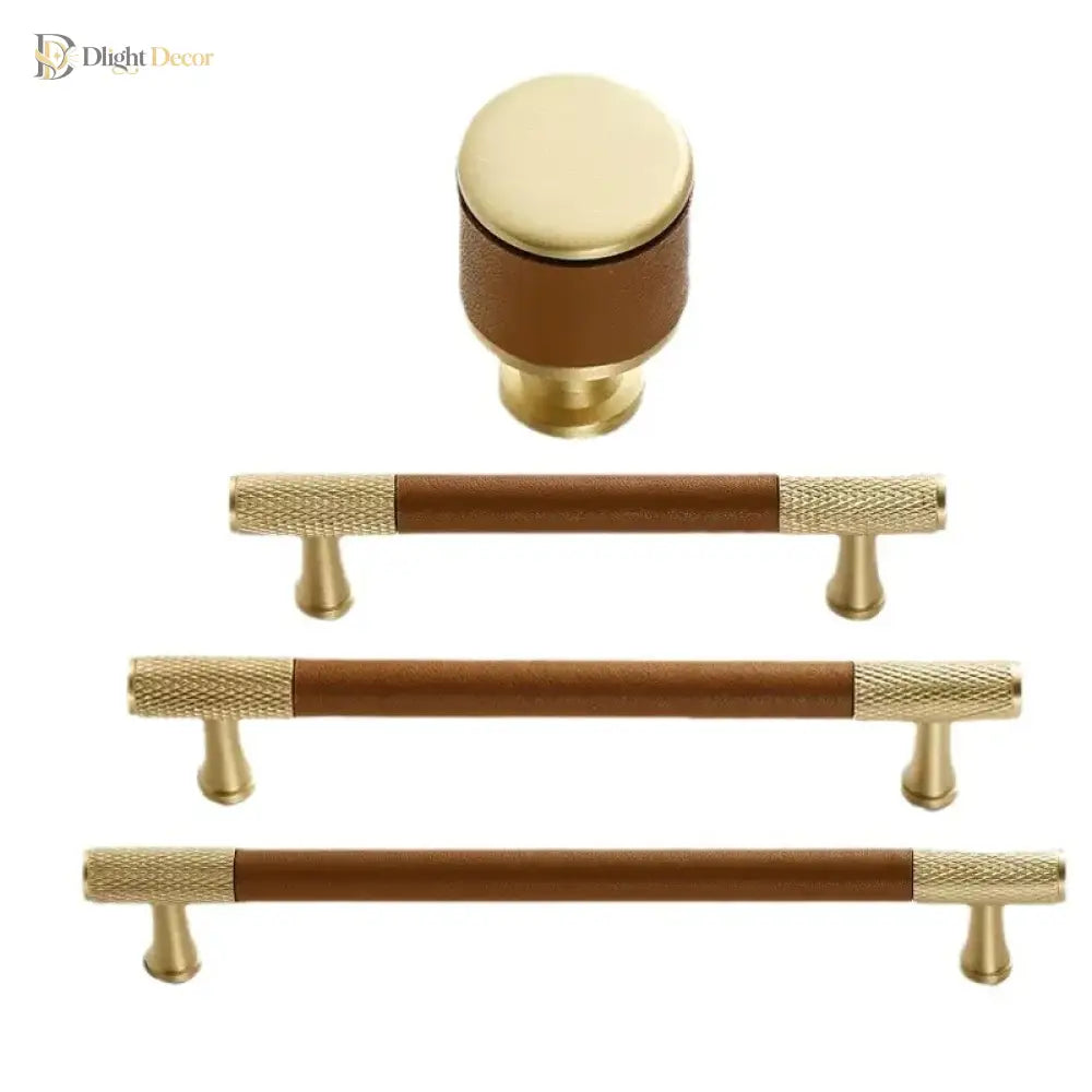 Brown/Black Leather Handles – Brass Knurled Cabinet Bar Handles and Furniture Knobs