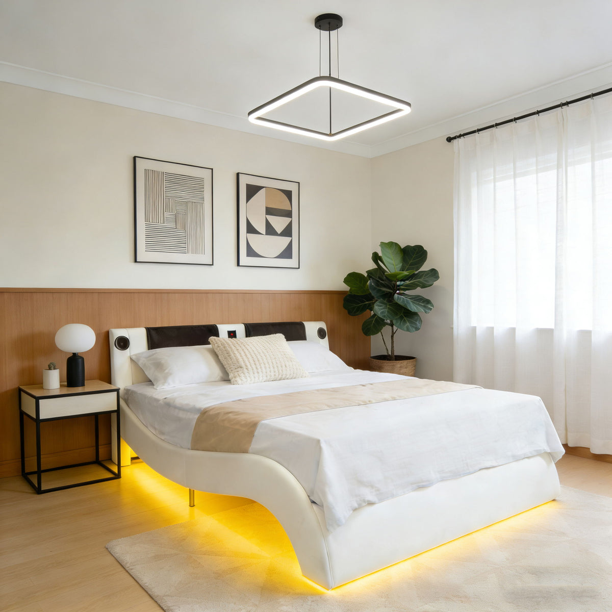 Platform Bed Frame with LED Lighting, Bluetooth & Massage - Faux Leather