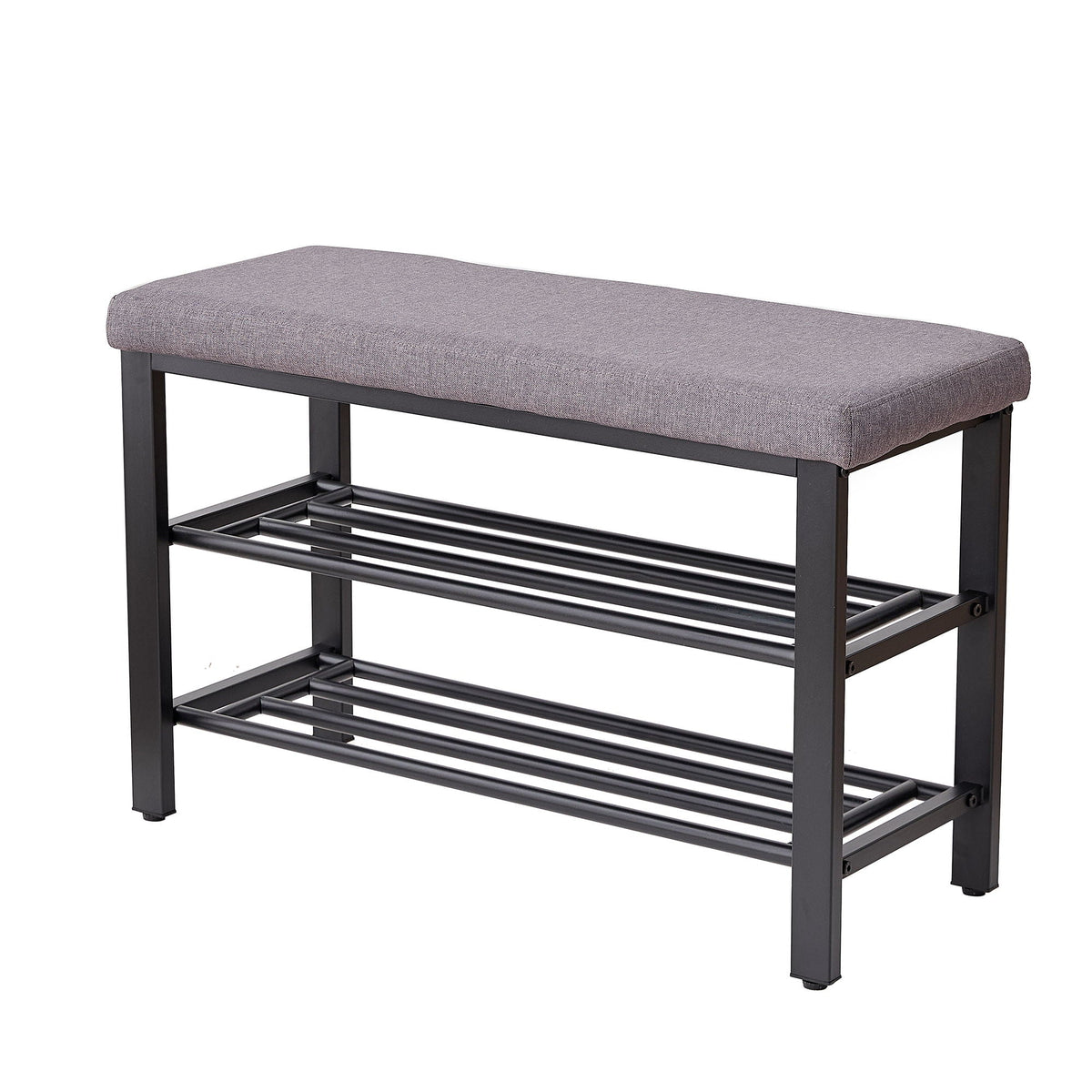 Shoe Bench With Cushion Storage Seat – Metal Frame and Faux Leather – Black or Dark Gray