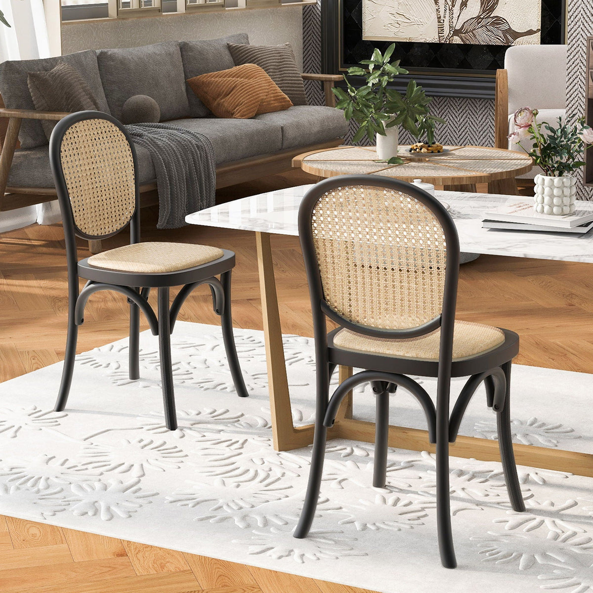 Vintage Style Dining Chairs Set of 2 with Birch Wood Frame and Rattan – Light Brown or Beige