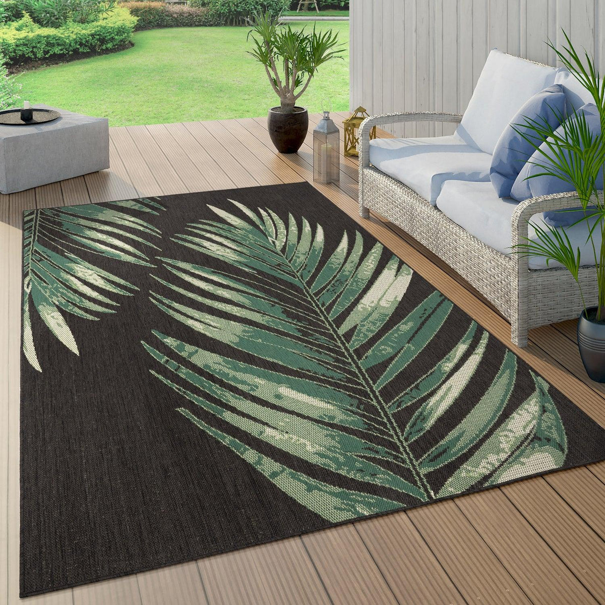 Outdoor Rug Ostende Palm Leaf Design Waterproof - Black Green