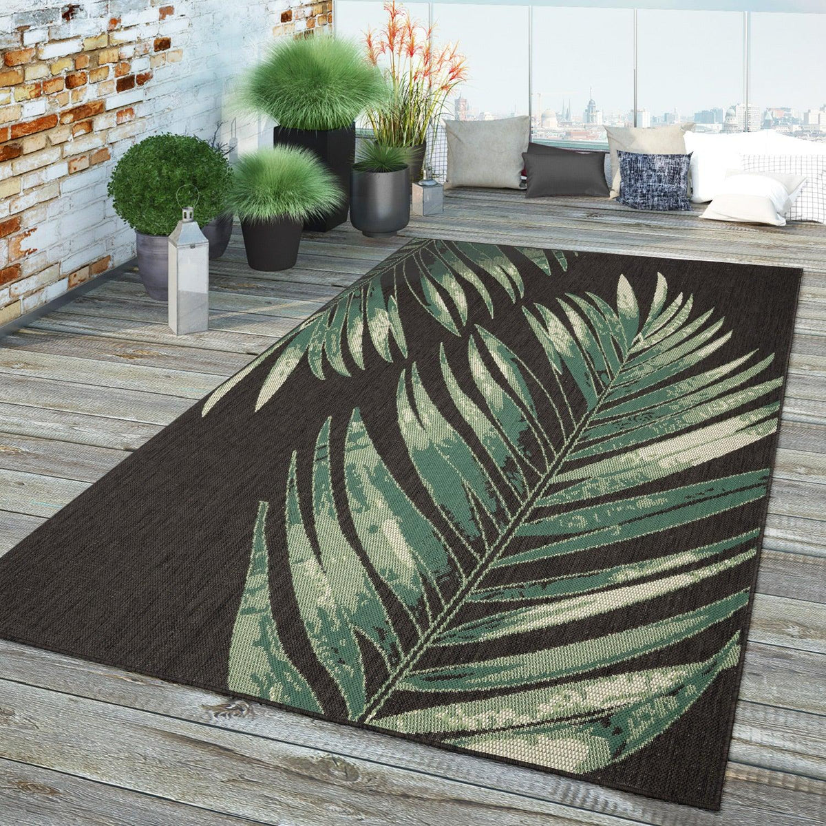 Outdoor Rug Ostende Palm Leaf Design Waterproof - Black Green
