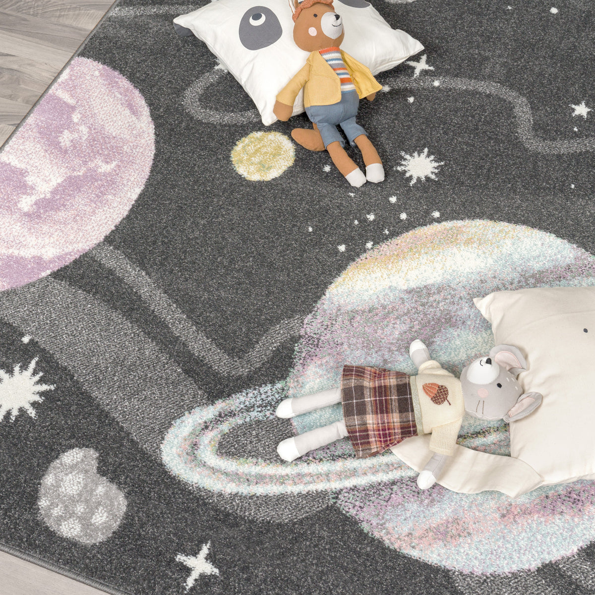 Kids Rug Nino Space with pastel colored Planets Stars in Anthracite