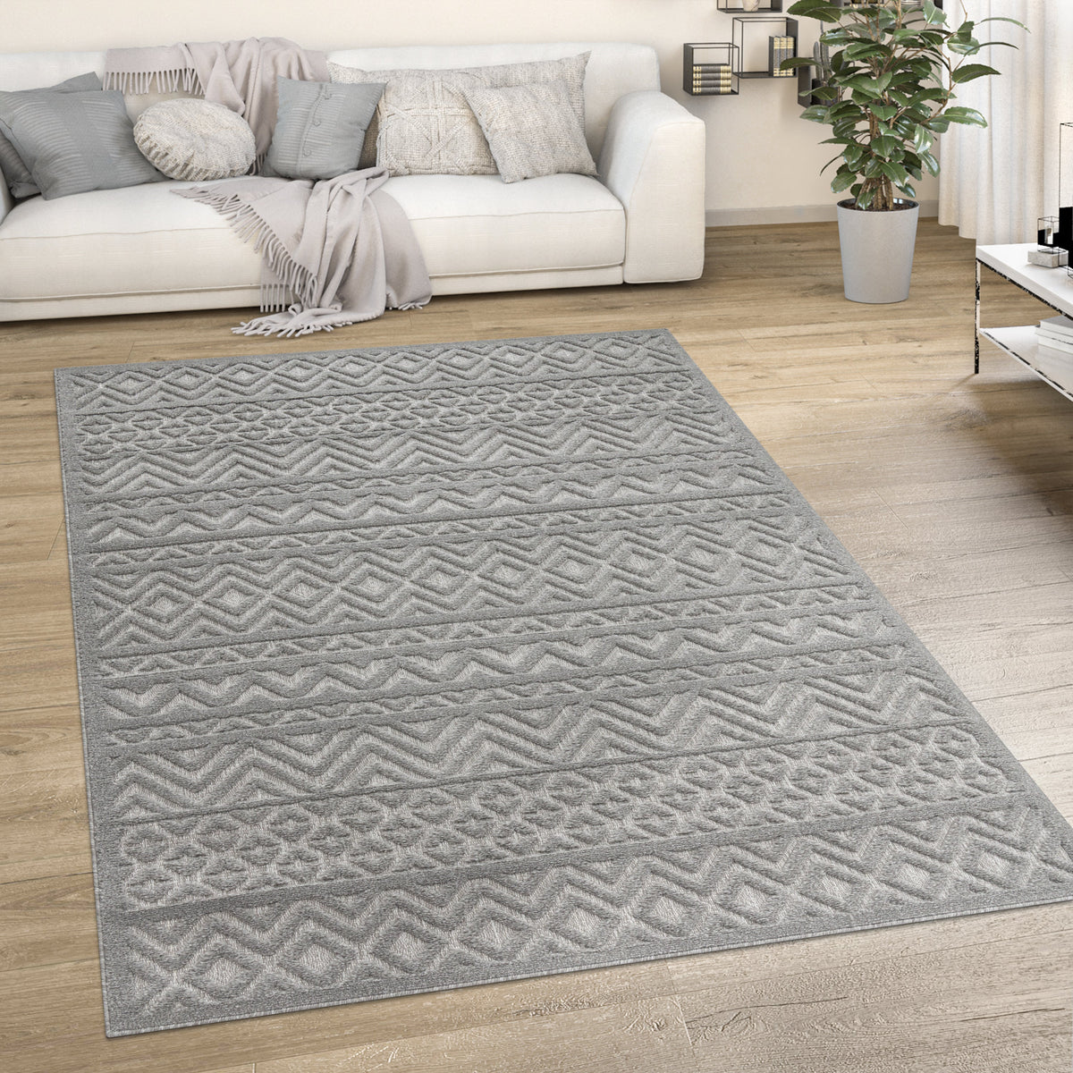 Indoor Outdoor Rug Livorno Boho High-Low Pattern In Grey