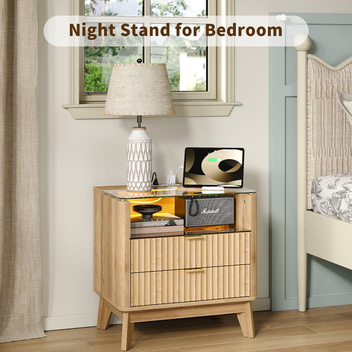 23" Fluted LED Nightstand with Charging Station, Drawers, Oak - Yanosaku