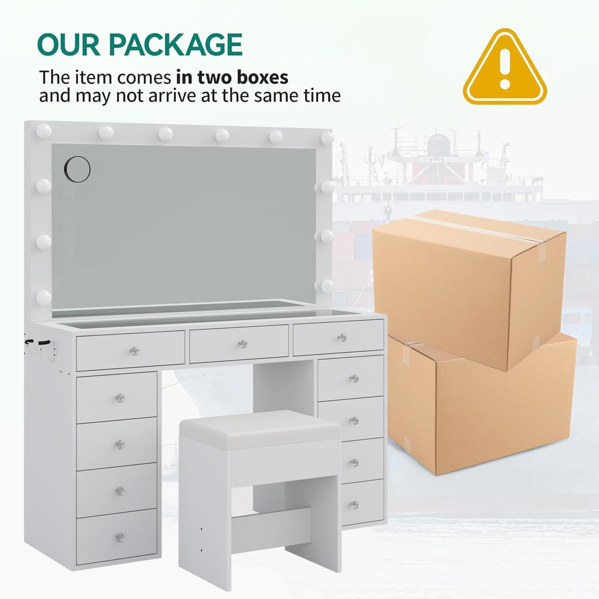 11-Drawer LED Mirror Vanity Desk - Yanosaku