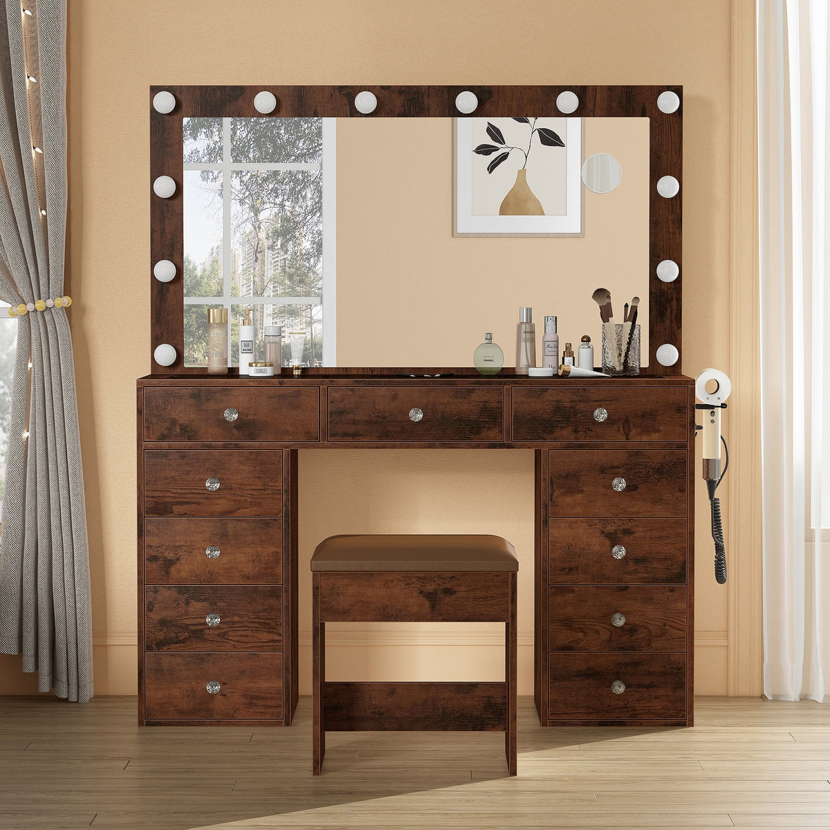 11-Drawer LED Mirror Vanity Desk - Yanosaku