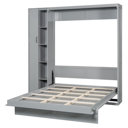 Queen Size Murphy Bed Wall Bed with Shelves, Wardrobe and LED Lights, Gray