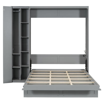 Queen Size Murphy Bed Wall Bed with Shelves, Wardrobe and LED Lights, Gray