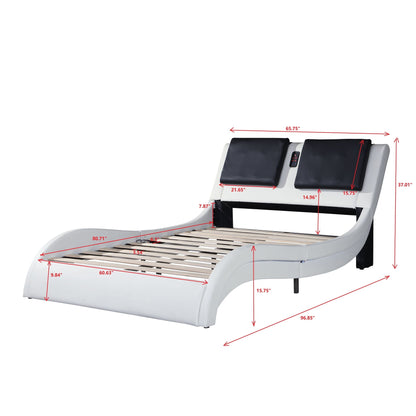 Platform Bed Frame with LED Lighting, Bluetooth &amp; Massage - Faux Leather