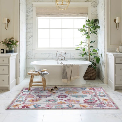 Florine Pastel Pink Orange Floral Oushak Rug