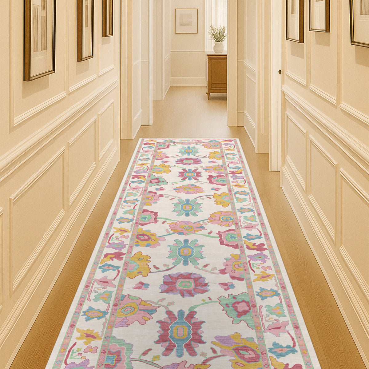 Florine Pastel Pink Orange Floral Oushak Rug