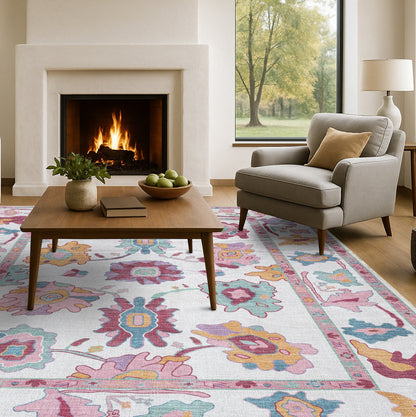 Florine Pastel Pink Orange Floral Oushak Rug