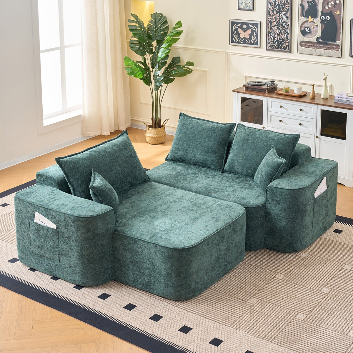 Modern Green Chenille L Shaped Sectional Sofa with Chaise