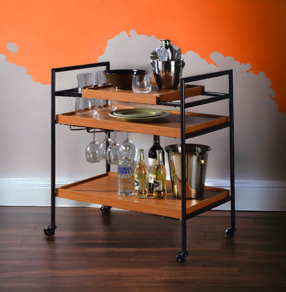Honey Oak &amp; Black Finish Bar Cart with Wooden Trays - Oaken