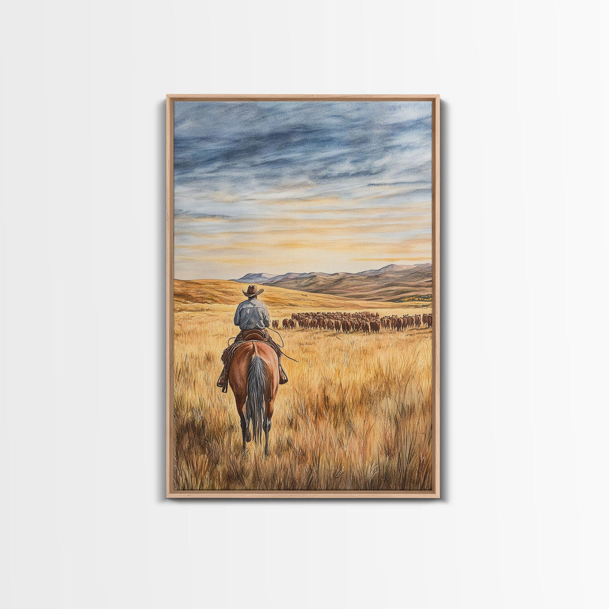 Cowboy &amp; Cattle Framed Canvas – Western Rustic Wall Art