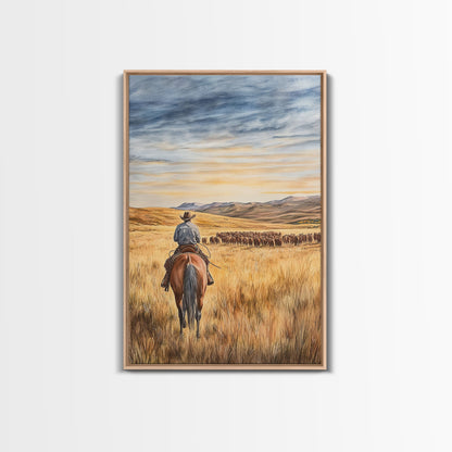 Cowboy &amp; Cattle Framed Canvas – Western Rustic Wall Art