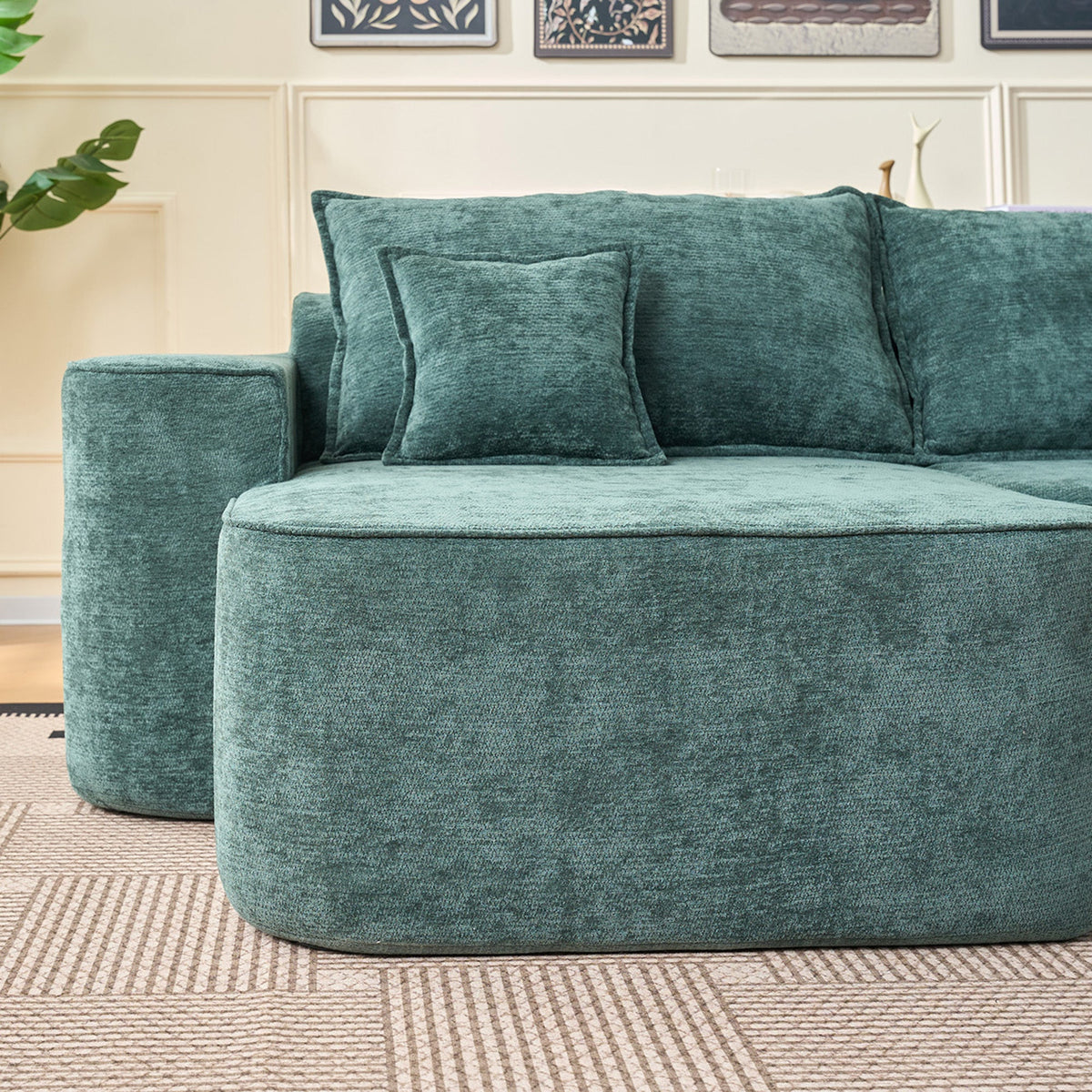 Modern Green Chenille L Shaped Sectional Sofa with Chaise