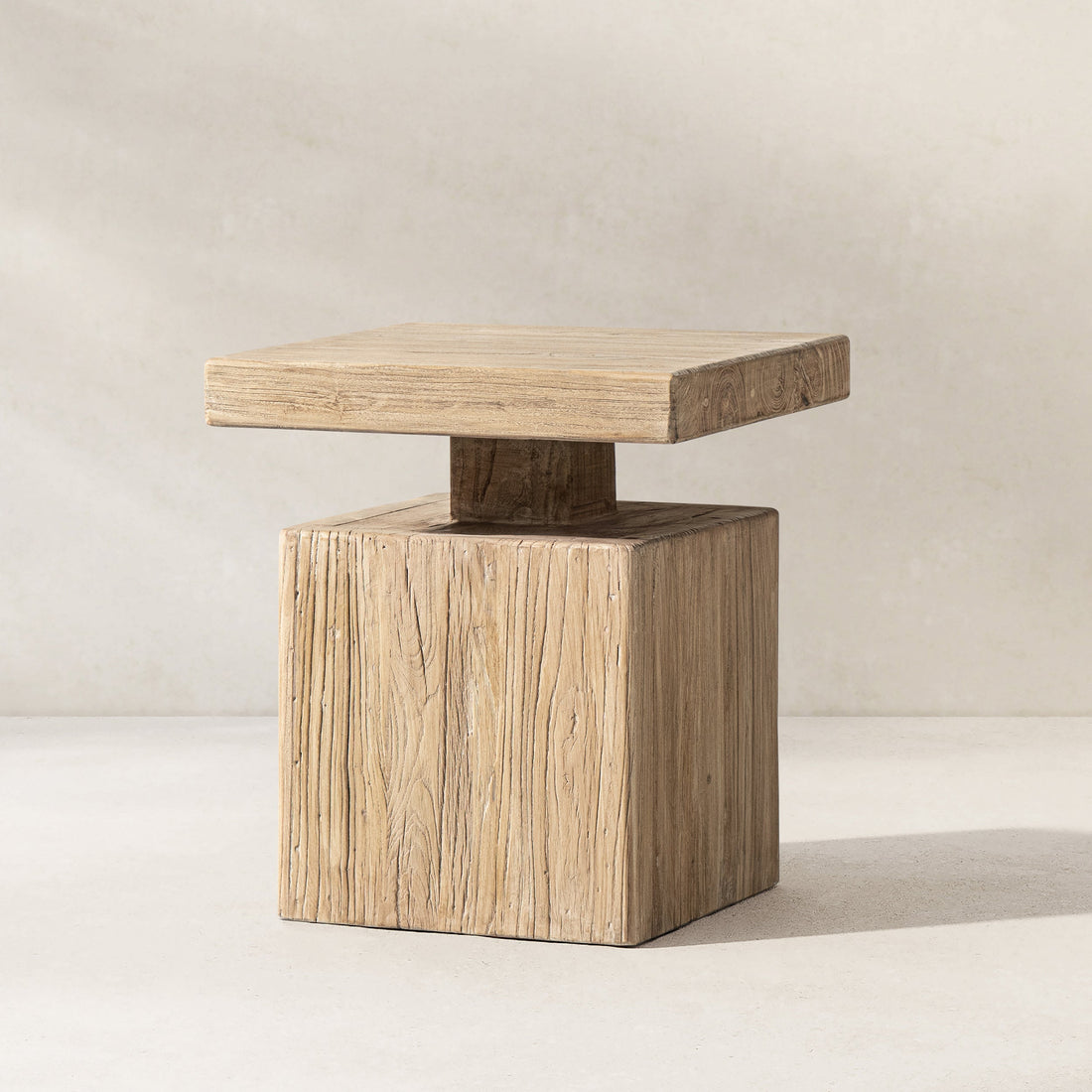 Solid Block Plinth End Table with Reclaimed Elm - Heritage Light Natural Brown