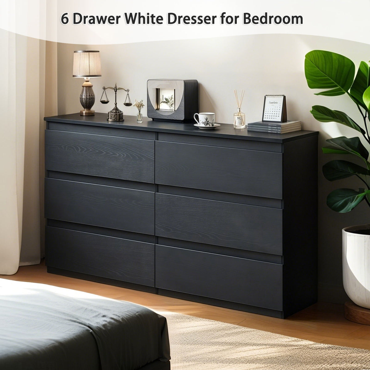 6 Drawer Dresser with Spacious Countertop and Concealed Handles - White or Black