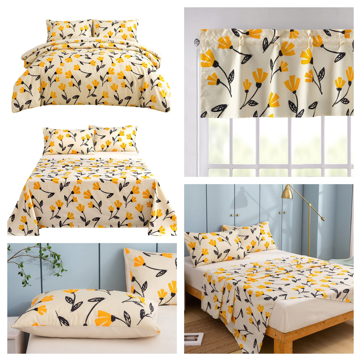 DaDa Bedding Yellow Fleur Duvet Cover, Sheets &amp; Valance Set