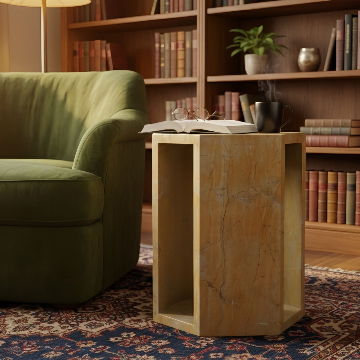 Modern Minimalist Hexagon Side Table with Honed Marble Finish - Gold, White, Pink, Dark Green, Dark Gray