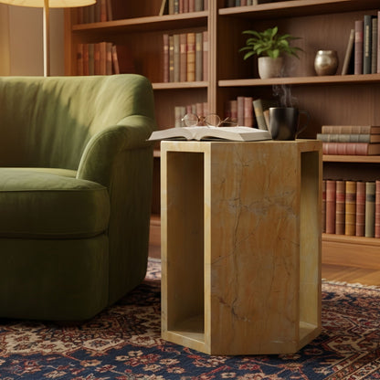 Modern Minimalist Hexagon Side Table with Honed Marble Finish - Gold, White, Pink, Dark Green, Dark Gray