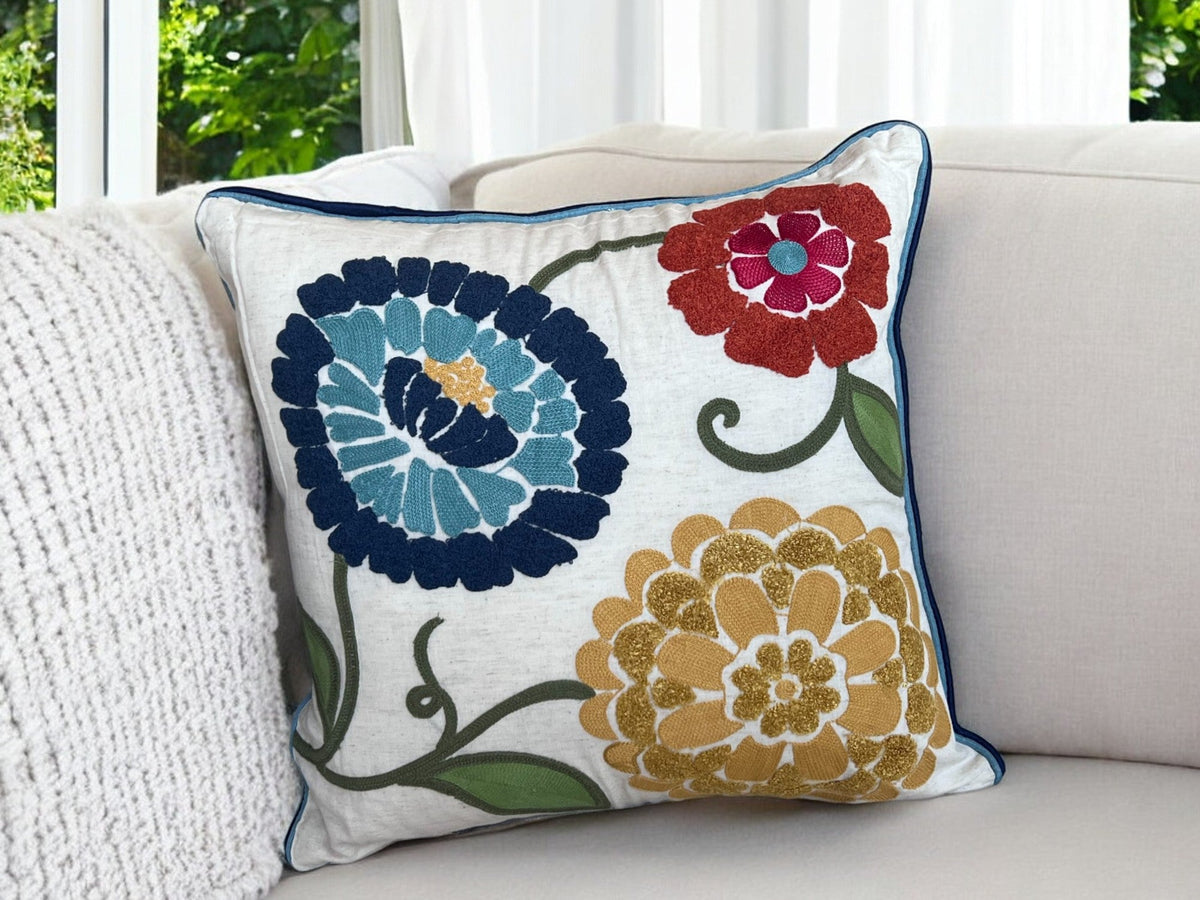 18x18" Embroidered Floral Boho Floral Throw Pillow Decorative Cover