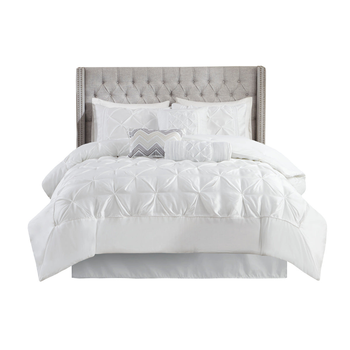 7 Piece Tufted Comforter Set with Hypoallergenic Filling - White