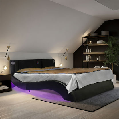 Platform Bed Frame with LED Lighting, Bluetooth &amp; Massage - Faux Leather
