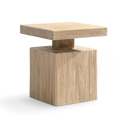Solid Block Plinth End Table with Reclaimed Elm - Heritage Light Natural Brown