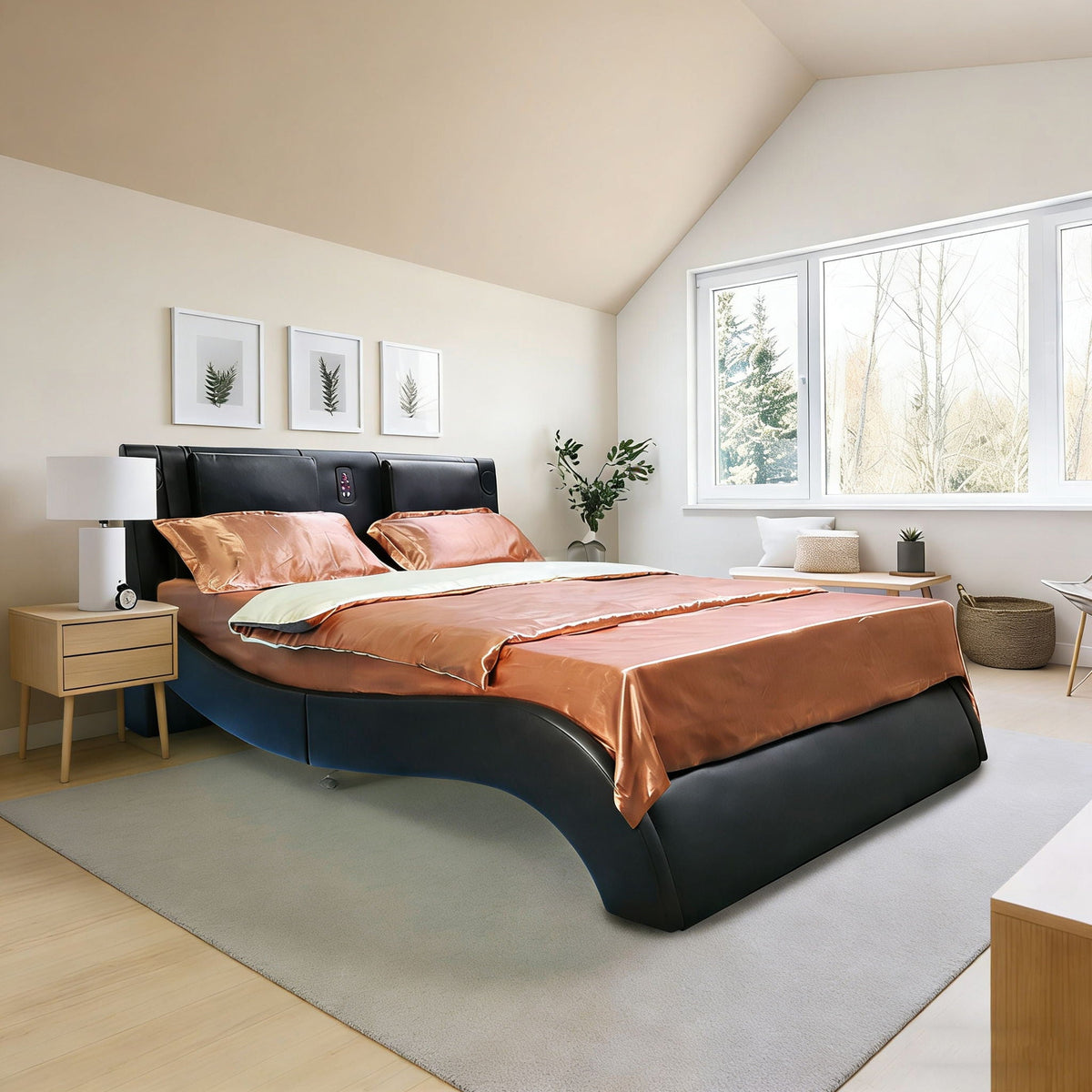 Platform Bed Frame with LED Lighting, Bluetooth &amp; Massage - Faux Leather