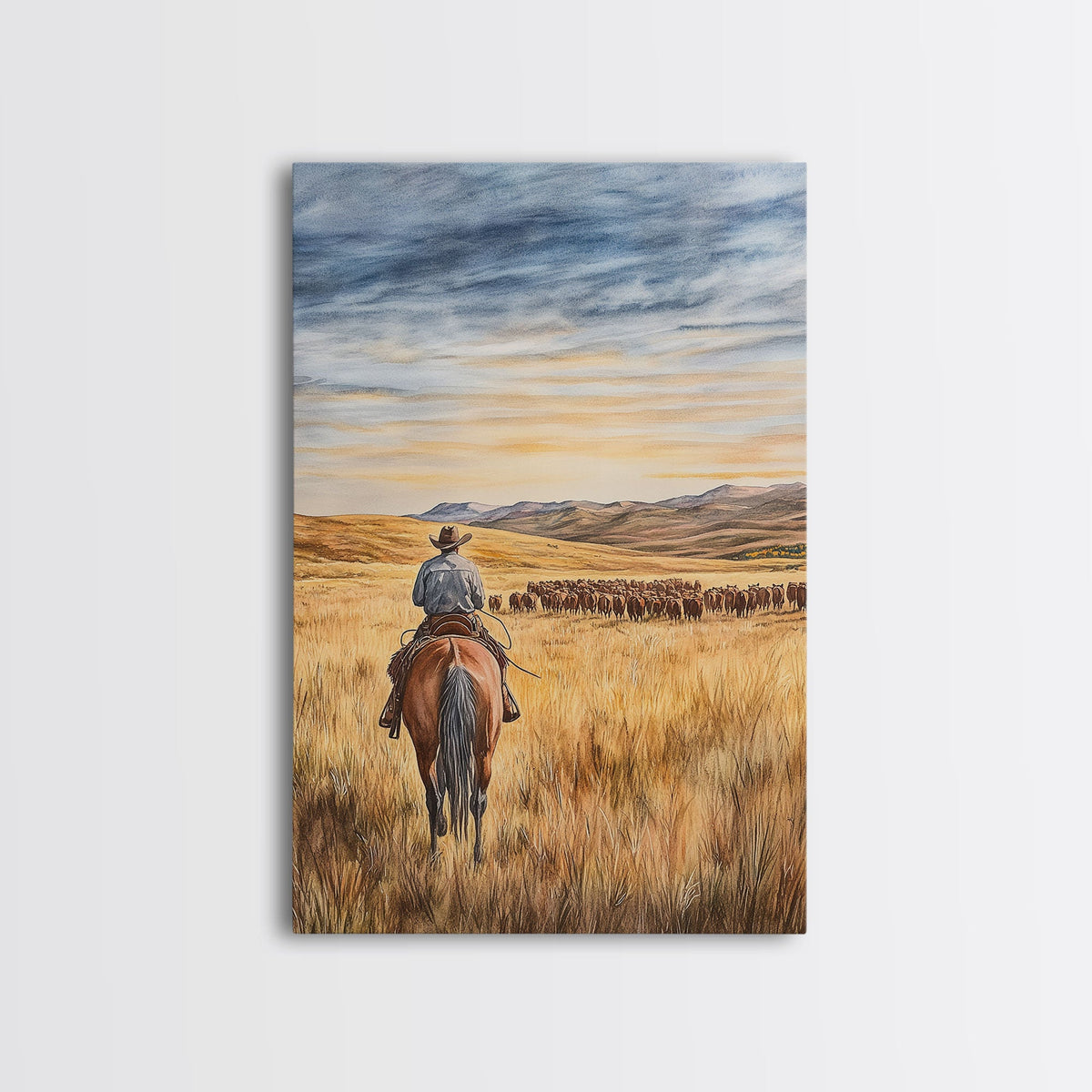Cowboy &amp; Cattle Framed Canvas – Western Rustic Wall Art