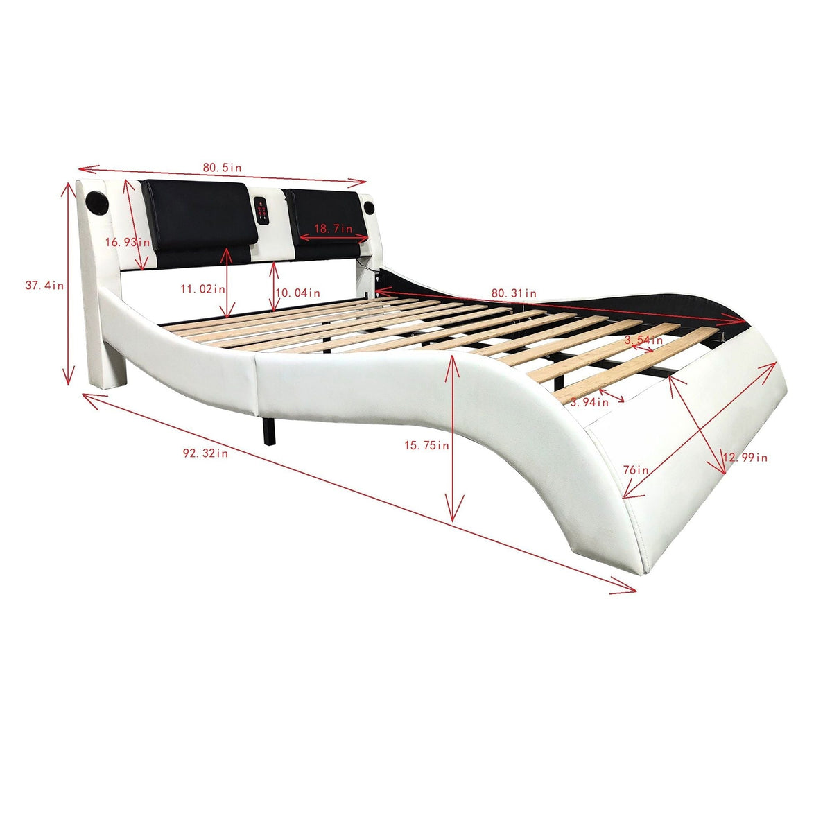 Platform Bed Frame with LED Lighting, Bluetooth &amp; Massage - Faux Leather