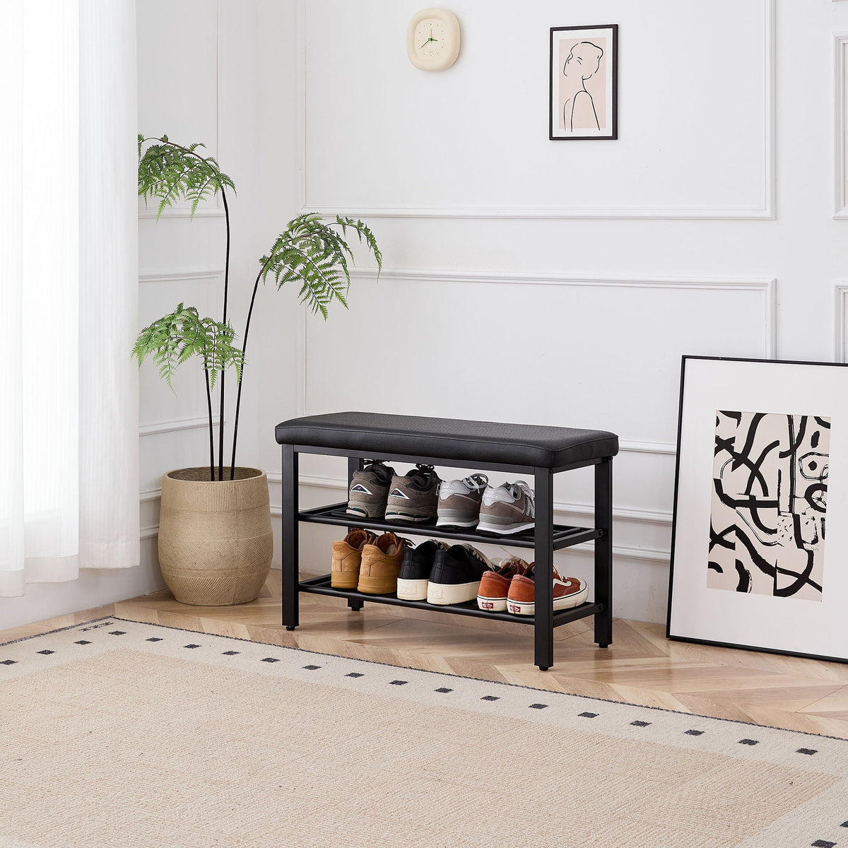 Shoe Bench With Cushion Storage Seat – Metal Frame and Faux Leather – Black or Dark Gray