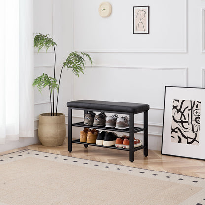 Shoe Bench With Cushion Storage Seat – Metal Frame and Faux Leather – Black or Dark Gray